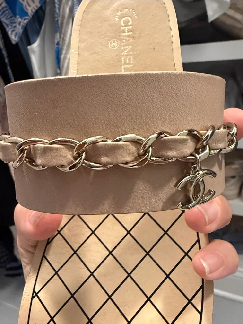 CHANEL Beige Slip-On Sandals with Gold Chain Accent